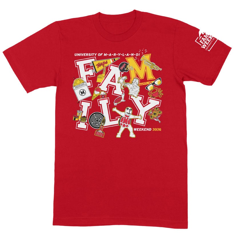 red background with various Maryland and UMD-themed items