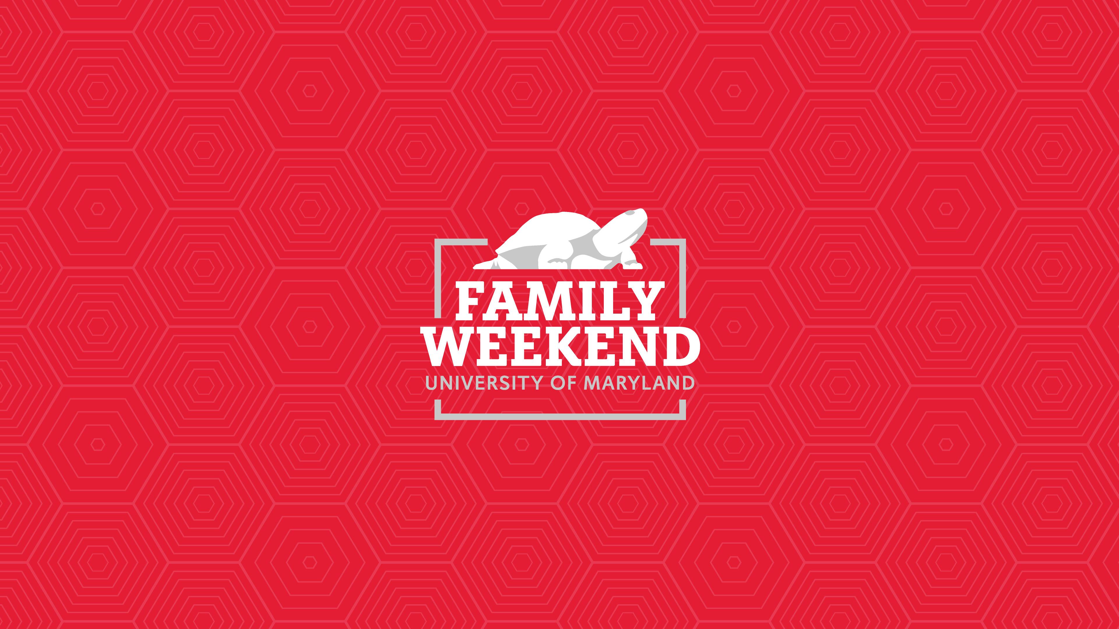 Family Weekend logo with a red shell background
